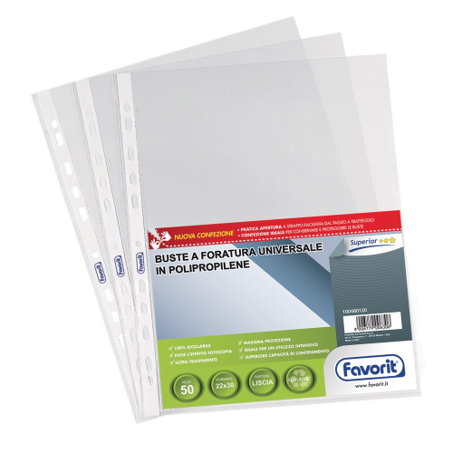 FAVORIT SUPERIOR BUSTE CON FORATURA UNIVERSALE IN PP CM 24X30.5 LISCIA TRASPARENTE CONF 50 Pz.
